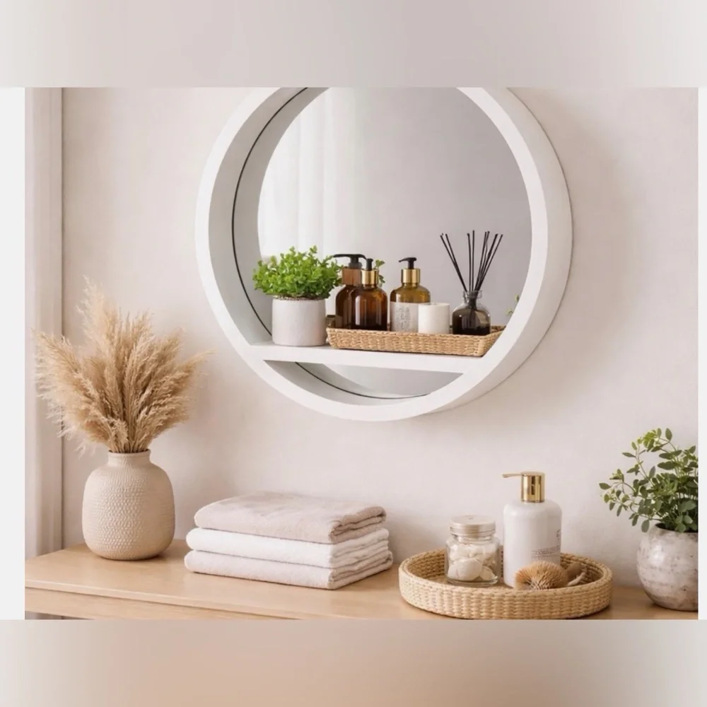 WHITE MIRROR GLASS  DISPLAY SHELF MODERN ROUND WALL UNIT BATHROOM BEDROOM